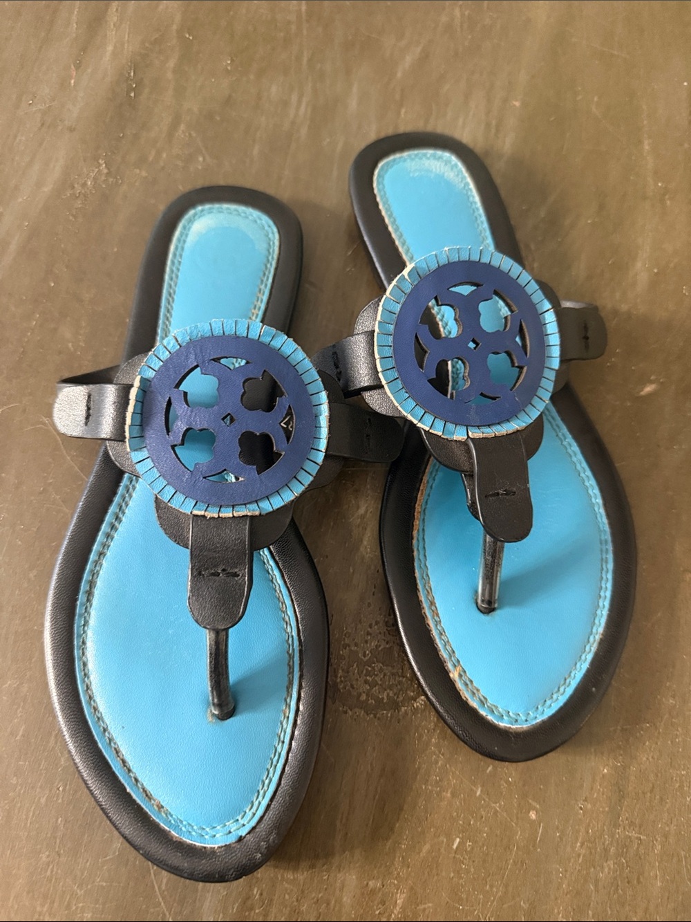 Blue/Black Leather Sandals with Bright Blue Footbeds and Logo Medallions